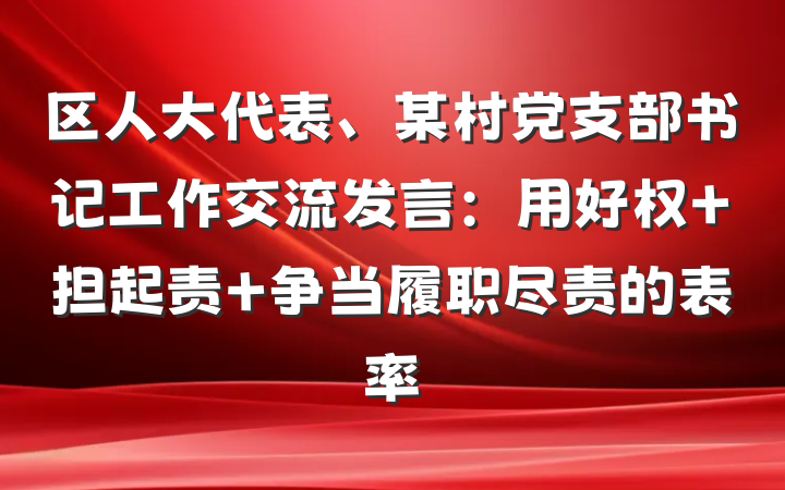 区人大代表、某村党支部书记工作交流发言：用好权 担起责 争当履职尽责的表率