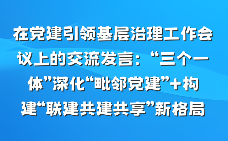 在党建引领基层治理工作会议上的交流发言：“三个一体”深化“毗邻党建” 构建“联建共建共享”新格局