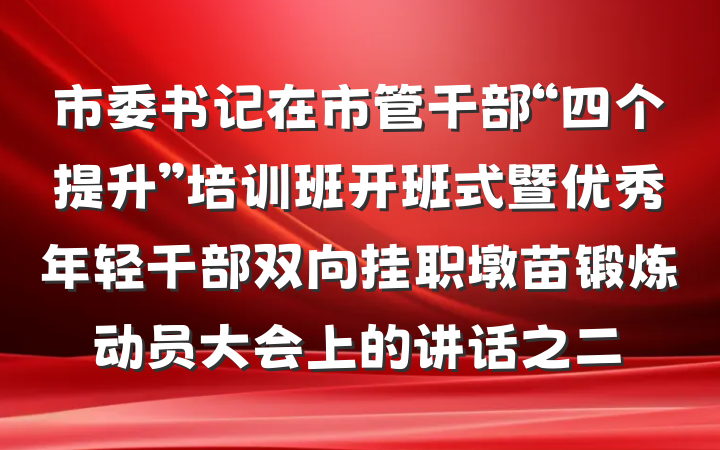 市委书记在市管干部“四个提升”培训班开班式暨优秀年轻干部双向挂职墩苗锻炼动员大会上的讲话之二
