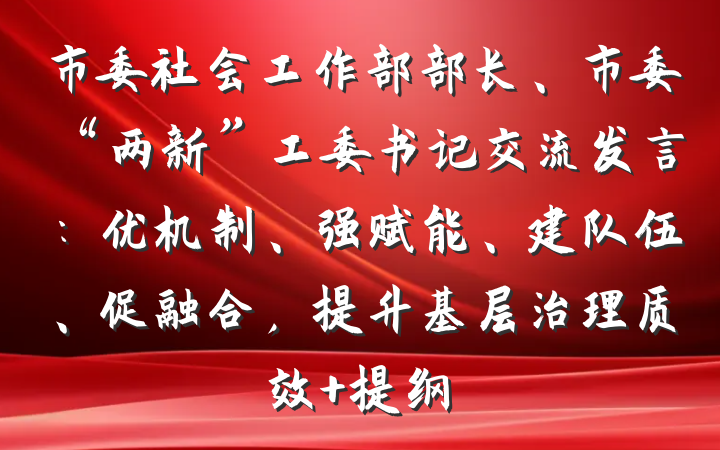 市委社会工作部部长、市委“两新”工委书记交流发言：优机制、强赋能、建队伍、促融合，提升基层治理质效 提纲