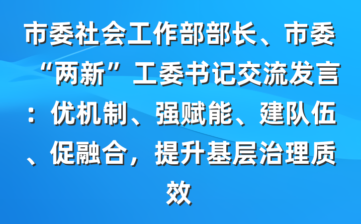 市委社会工作部部长、市委“两新”工委书记交流发言：优机制、强赋能、建队伍、促融合，提升基层治理质效
