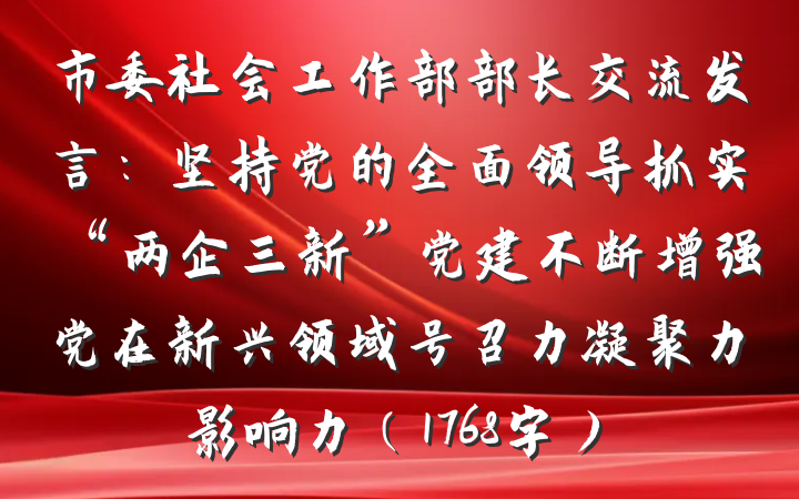市委社会工作部部长交流发言：坚持党的全面领导抓实“两企三新”党建不断增强党在新兴领域号召力凝聚力影响力（1768字）