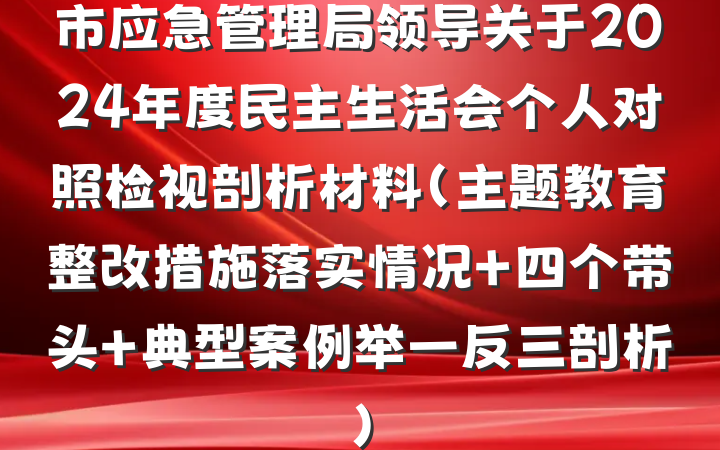 市应急管理局领导关于2024年度民主生活会个人对照检视剖析材料（主题教育整改措施落实情况+四个带头+典型案例举一反三剖析）