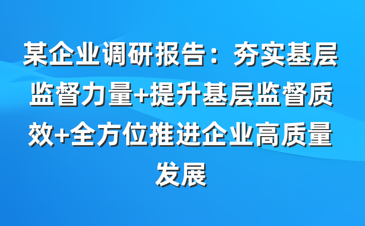 某企业调研报告：夯实基层监督力量 提升基层监督质效 全方位推进企业高质量发展