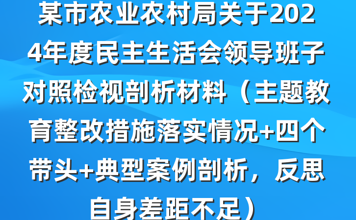 某市农业农村局关于2024年度民主生活会领导班子对照检视剖析材料（主题教育整改措施落实情况+四个带头+典型案例剖析，反思自身差距不足）
