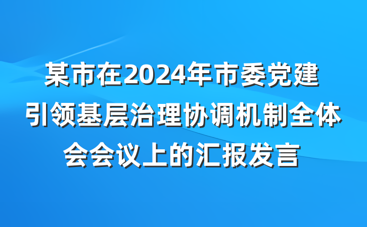某市在2024年市委党建引领基层治理协调机制全体会会议上的汇报发言