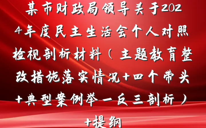 某市财政局领导关于2024年度民主生活会个人对照检视剖析材料（主题教育整改措施落实情况+四个带头+典型案例举一反三剖析） 提纲