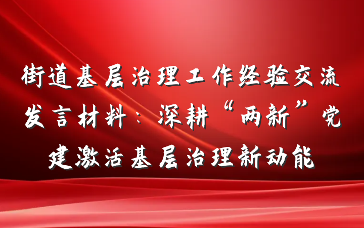 街道基层治理工作经验交流发言材料：深耕“两新”党建激活基层治理新动能