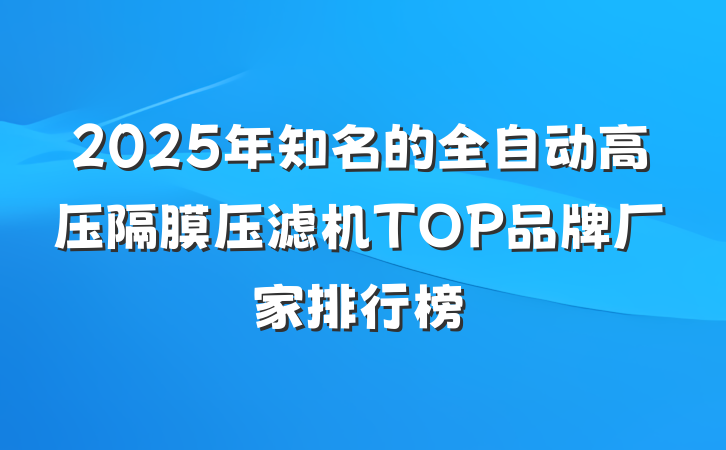 2025年知名的全自动高压隔膜压滤机TOP品牌厂家排行榜