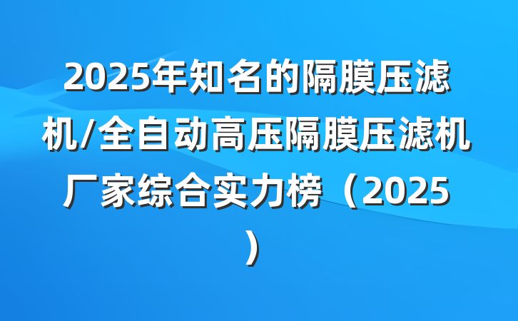 2025年知名的隔膜压滤机/全自动高压隔膜压滤机厂家综合实力榜（2025）